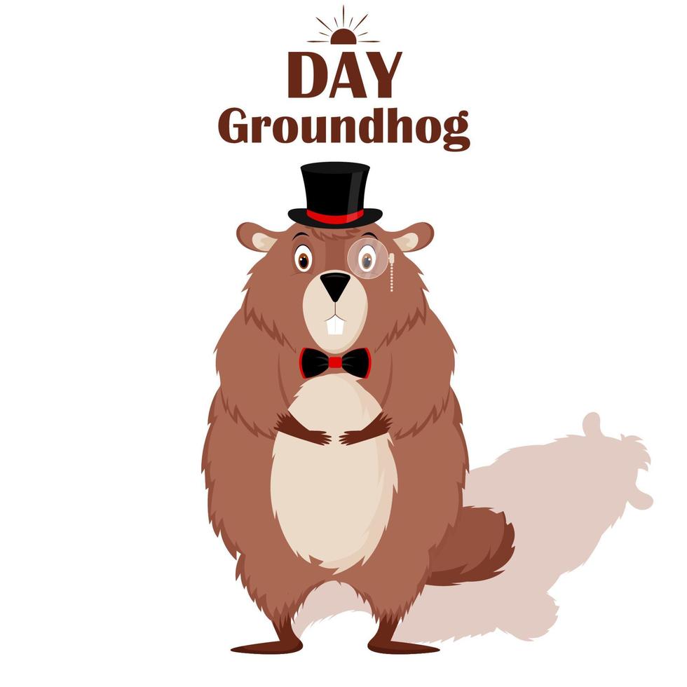 fijne groundhog-dag. een ernstige groundhog met een schaduw in een hoge hoed, vlinderdas, geïsoleerd op een witte achtergrond. vectorillustratie. vector