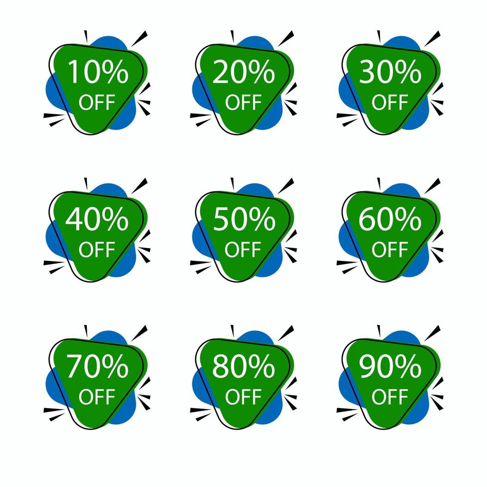 speciale aanbieding verkoop groene label geïsoleerde set. witte achtergrond. korting 10 tot 90 procent aanbieding prijsetiket, symbool voor reclamecampagne in ritail, verkoop promo marketing, kortingssticker vector