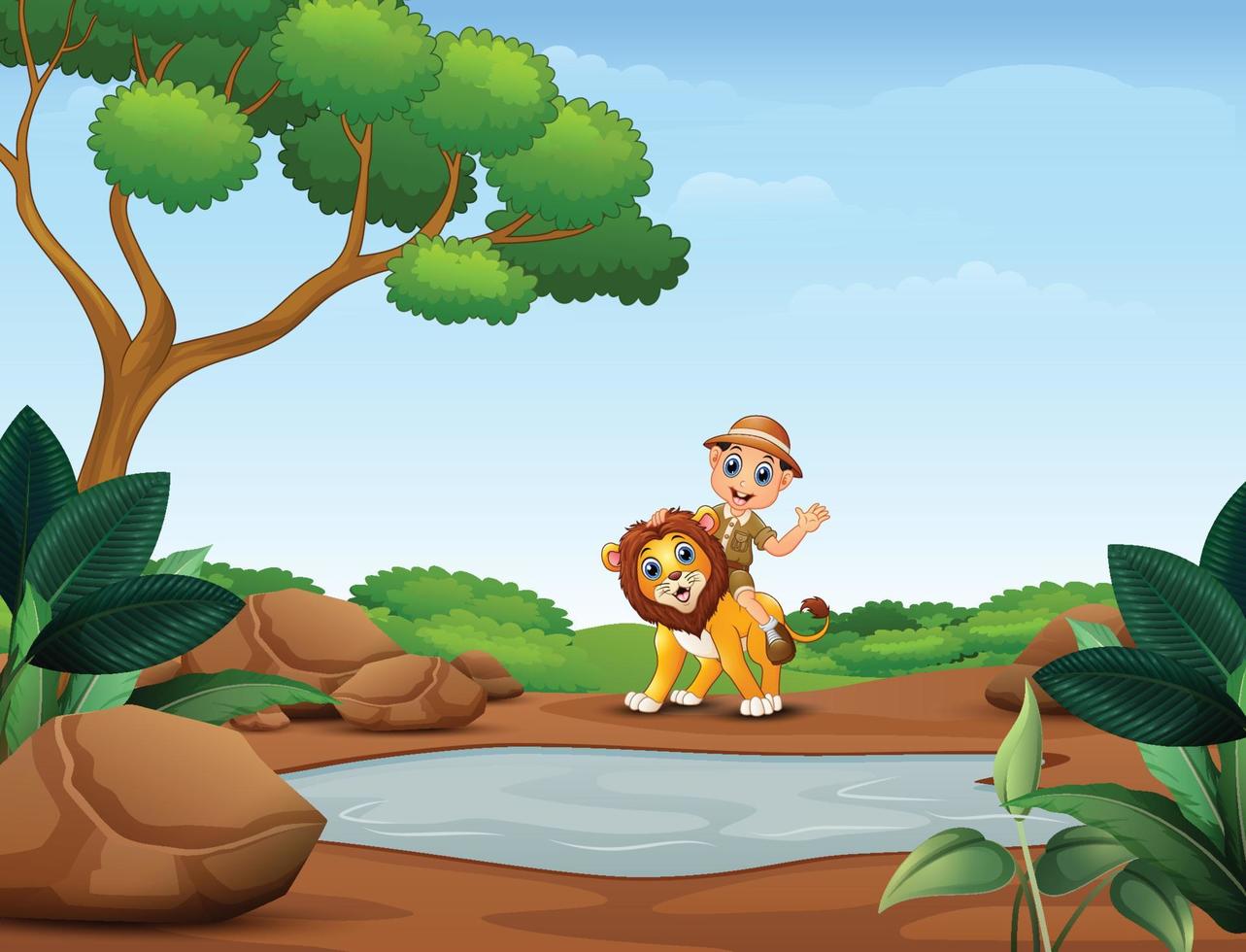 gelukkige dierenverzorger jongen en leeuw in de buurt van de kleine vijver vector