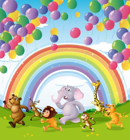 Dieren racen onder de zwevende ballonnen en regenboog vector