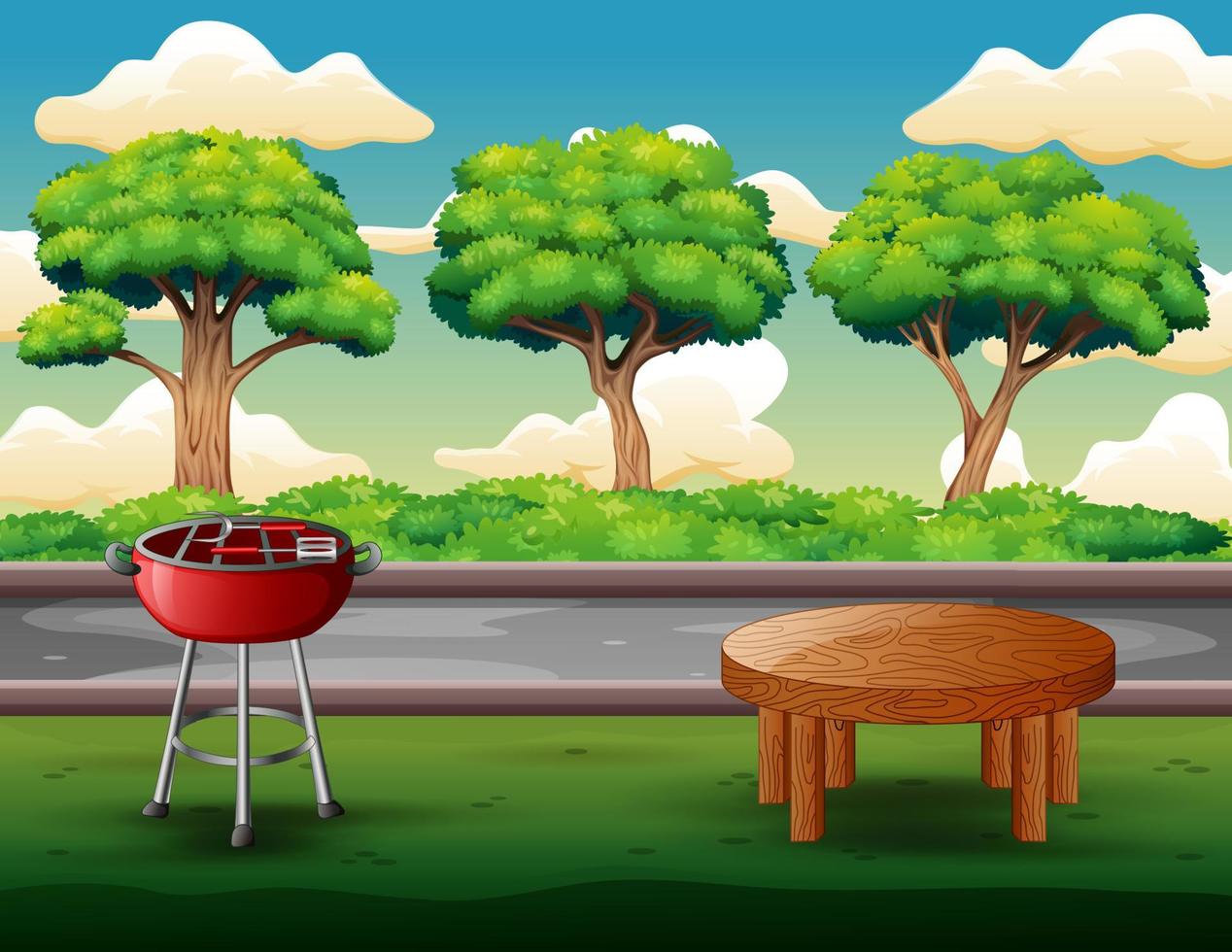 buiten barbecue feest achtergrond met grill en tafel vector