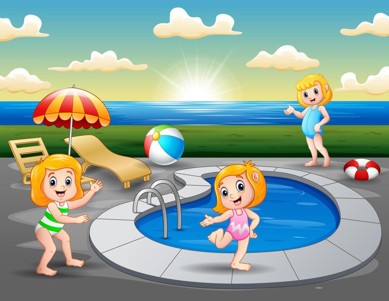 kinderen spelen in buitenzwembad op het strand vector