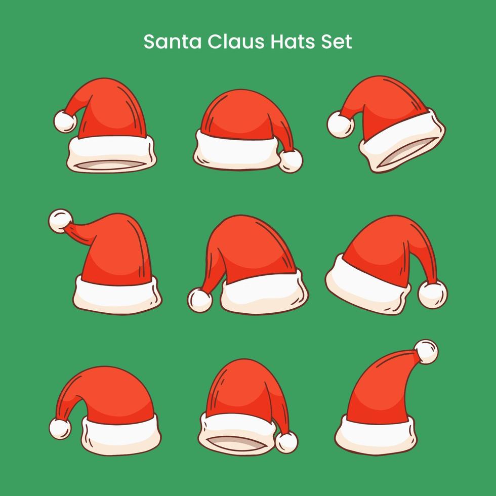 kerst santa claus caps set, vectorillustratie. handgetekende kerstmuts collectie voor xmas. vector