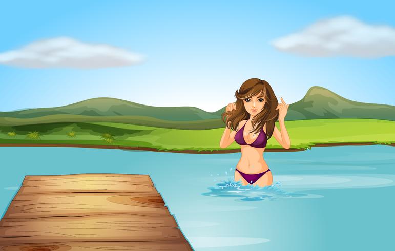 Een meisje op het strand met een houten duikplank vector