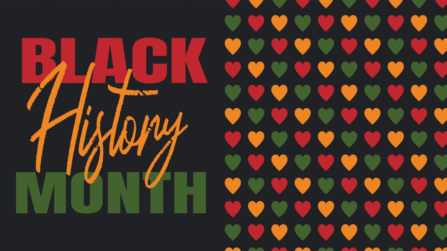 zwarte geschiedenismaand 2022 - Afro-Amerikaanse erfgoedviering in de VS. vectorillustratie met tekst, patroon met hartjes in traditionele Afrikaanse kleuren - groen, rood, geel op zwarte achtergrond. vector