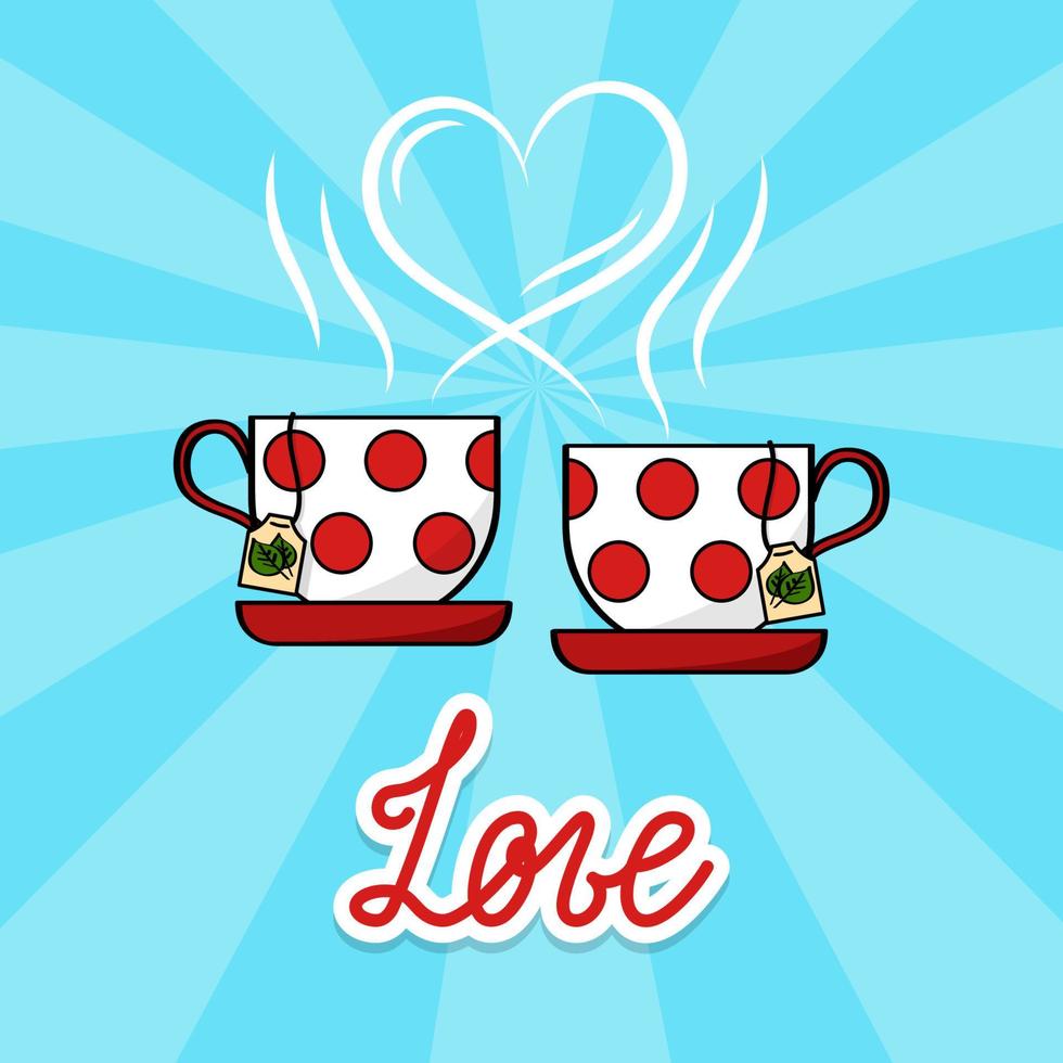 hou van vintage vectorbanner met twee kopjes thee en hartvormige rook. liefdesbelettering sticker vector