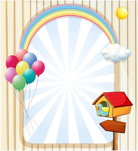 Een pethouse dichtbij een lege sjabloon met ballonnen en regenboog vector