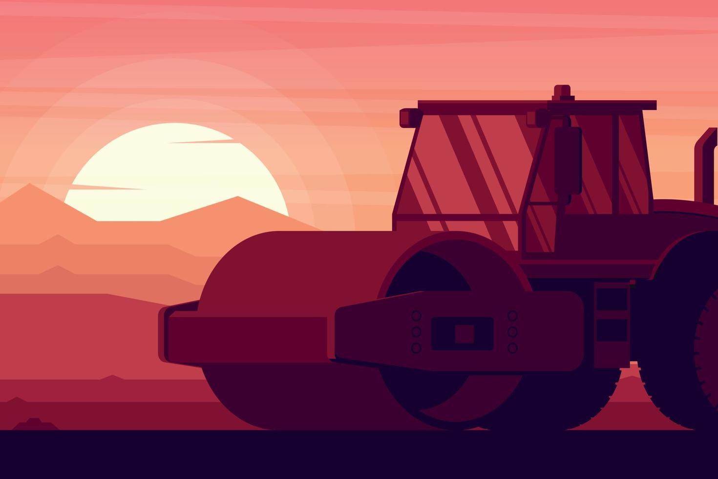 bodemverdichterrol in een zonsondergang met zware bouw- en mijnbouwmachines vector