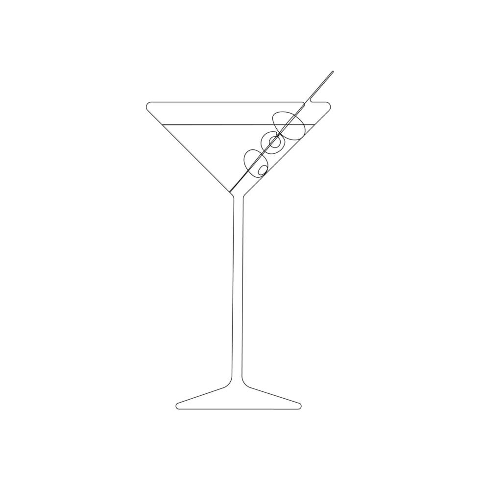 continue één lijntekening. martini met olijven. vector illustratie