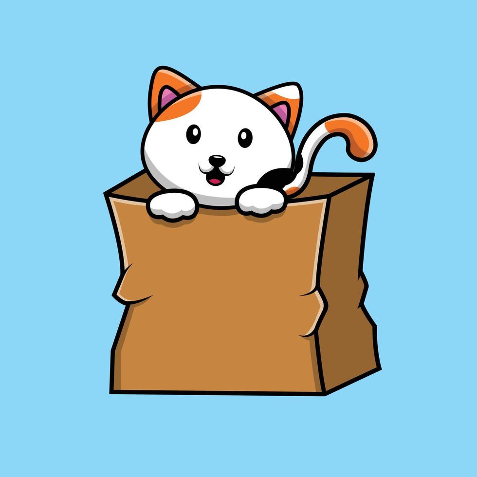 schattige kat op boodschappentas cartoon vectorillustratie pictogram. dierlijk voedsel pictogram concept geïsoleerde premium vector. platte cartoonstijl vector