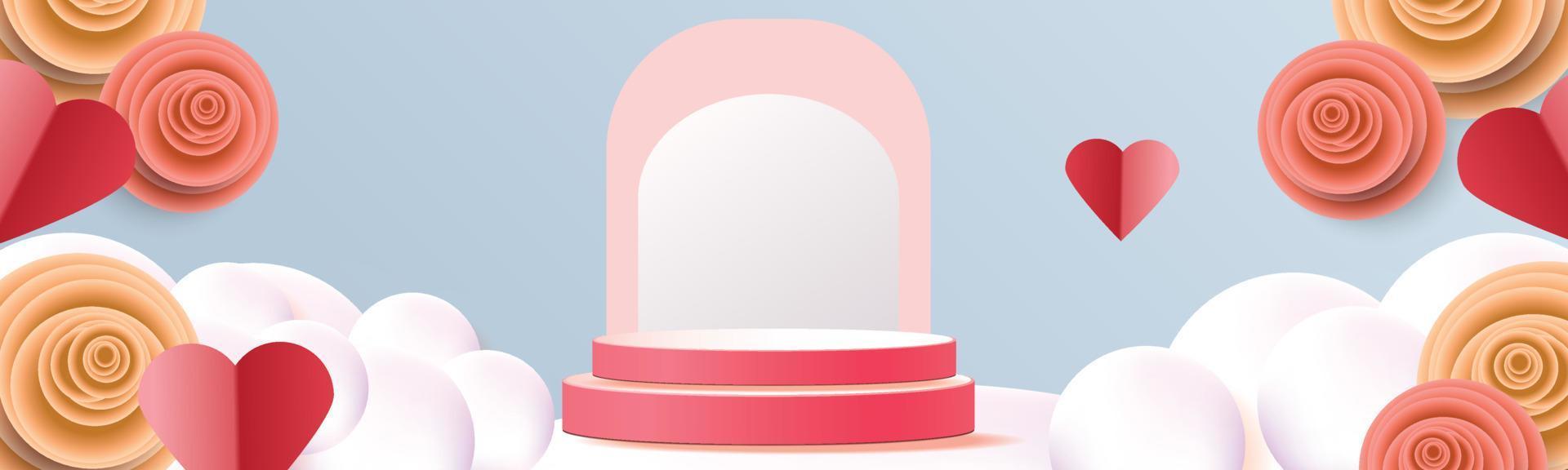 3d achtergrond van het podium rode product voor valentijnskaart. Roze en hart liefde romantiek conceptontwerp vector illustation decoratie banner