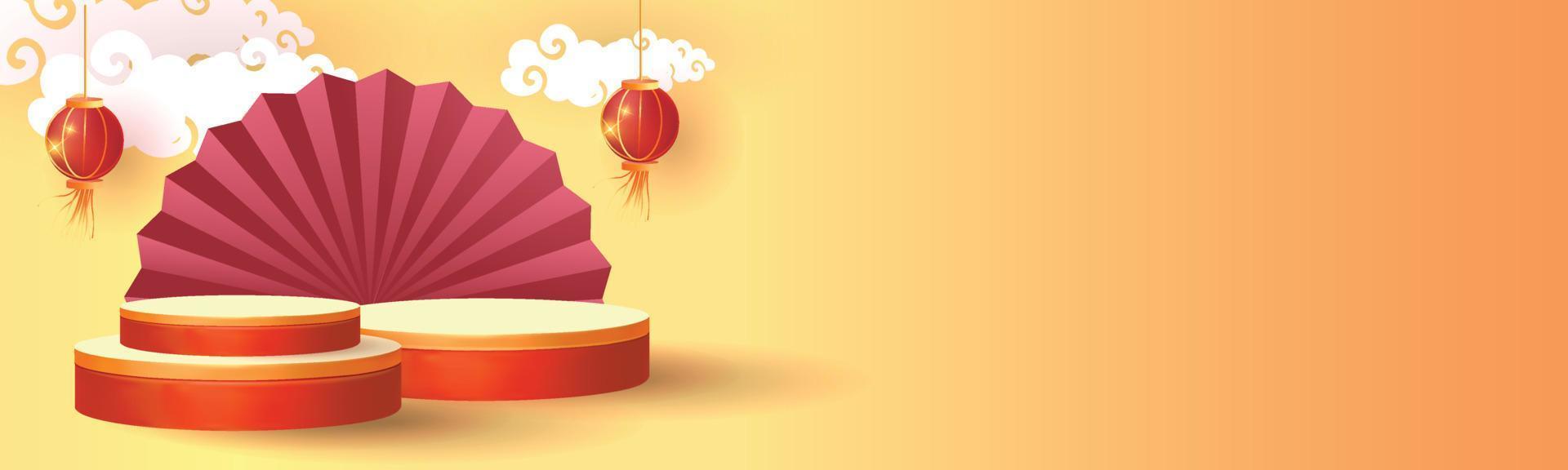 gelukkig china nieuwjaar podium goud rood achtergrond festival vector illustratie ontwerp banner art