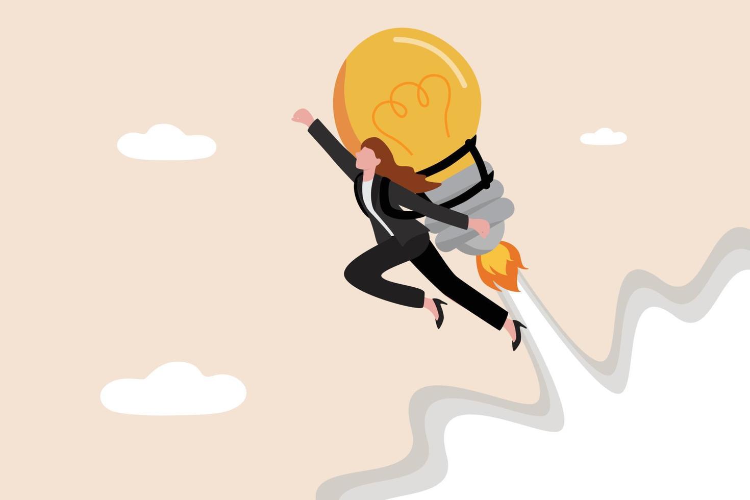 idee, innovatie en creativiteit helpen de productiviteit en motivatie te verhogen om succesdoel, loopbaanontwikkeling en bedrijfsgroeiconcept te bereiken, zelfverzekerde zakenvrouw met gloeilamp jetpack die hoog vliegt vector