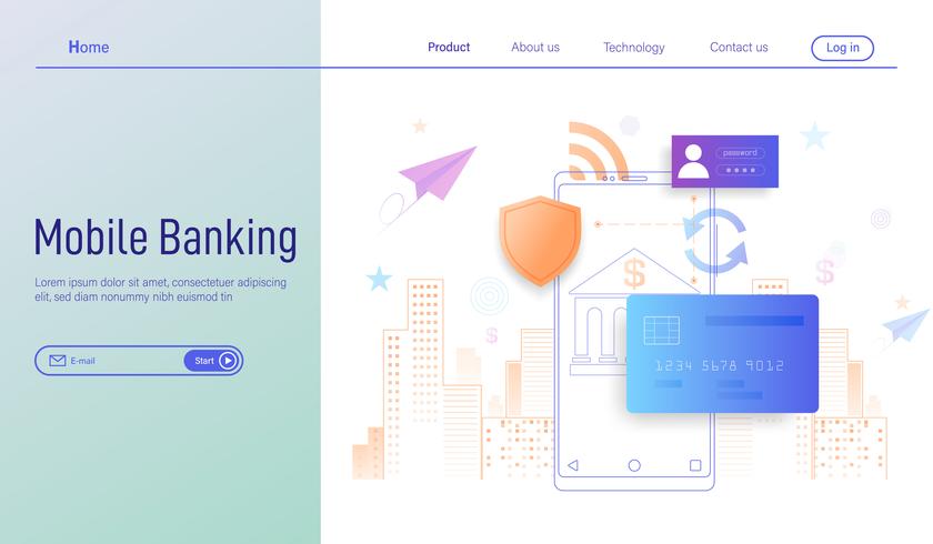 Mobiel bankwezen modern vlak ontwerpconcept voor landende pagina, online betaling en bescherming van geld in de vector van smartphonetransacties.