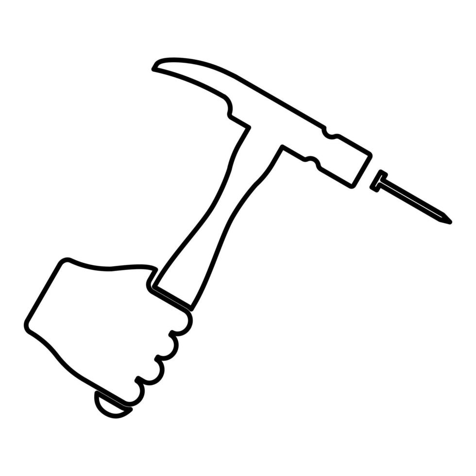 hamer raakt spijker in de hand klauw vasthouden en repareren van gereedschap contour overzicht pictogram zwarte kleur vector illustratie vlakke stijl afbeelding