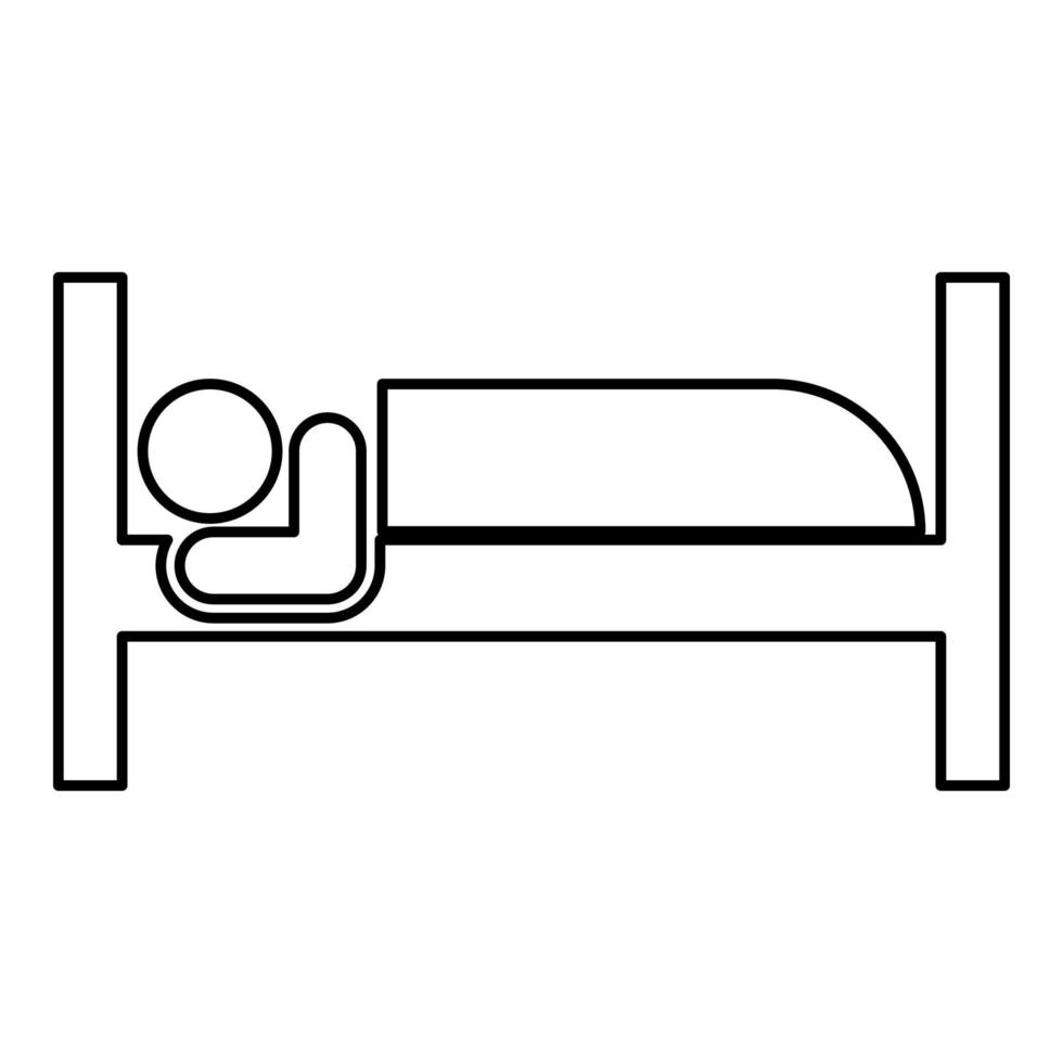 man ligt op bed slapen concept hotel teken contour overzicht pictogram zwarte kleur vector illustratie vlakke stijl afbeelding