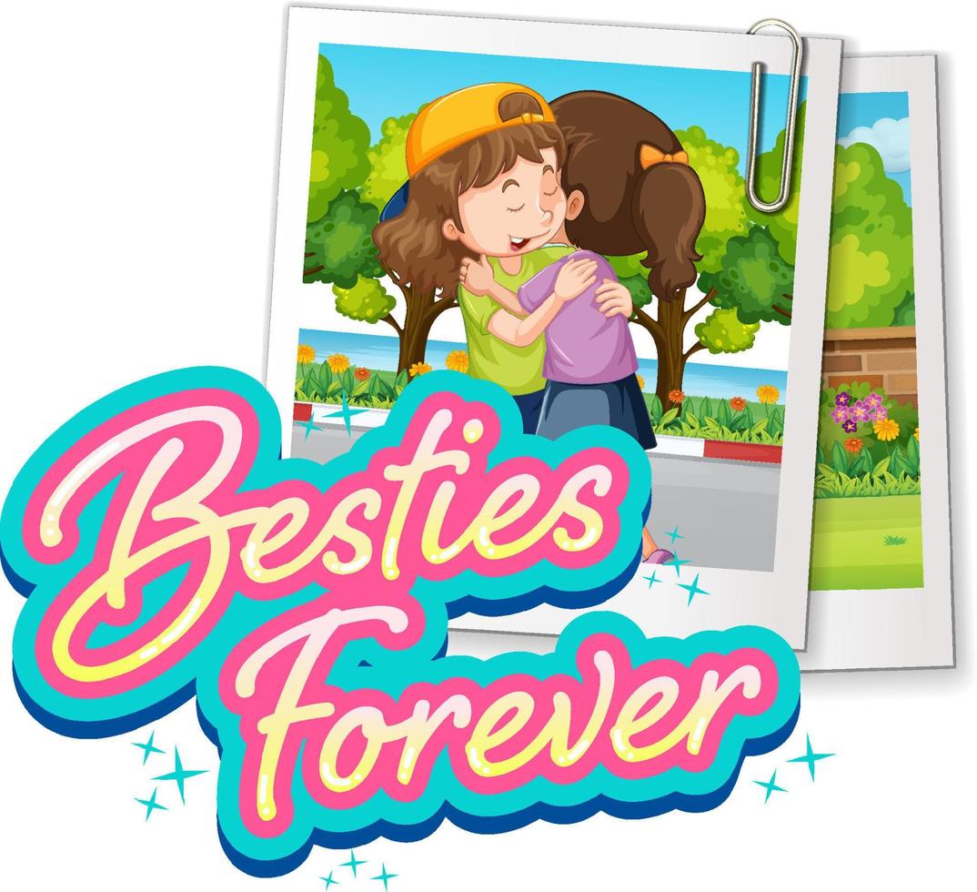 bestie forever-logo met foto van knuffelende meisjes vector