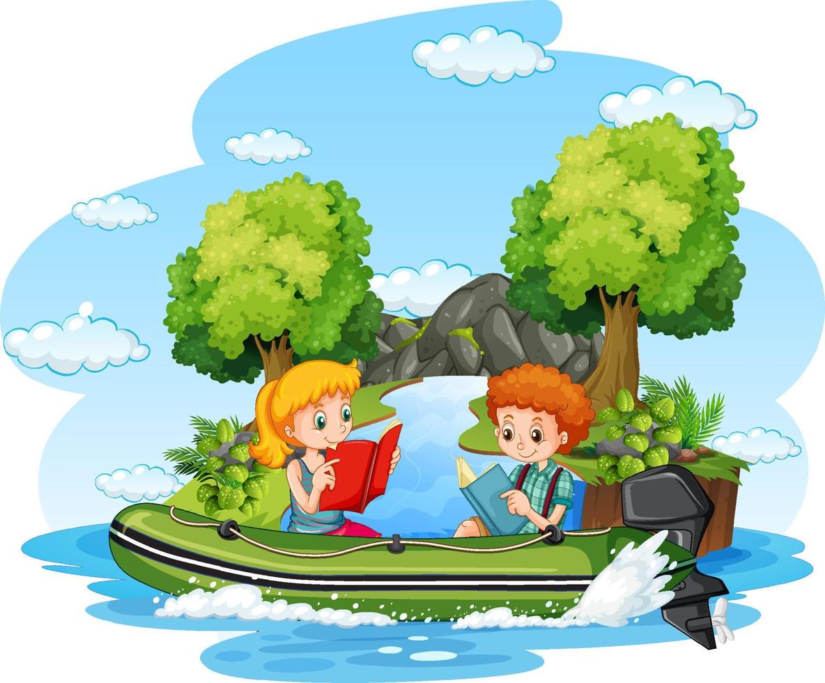 geïsoleerde natuurscène met kinderen op opblaasbare boot vector