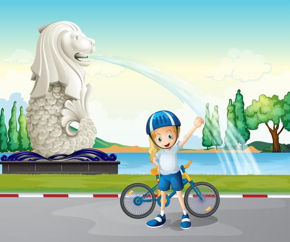 Een jonge fietser bij het standbeeld van Merlion vector