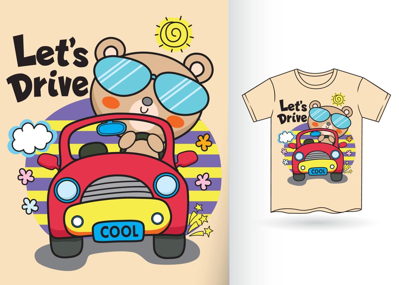 schattige beer met auto cartoon voor t-shirt vector