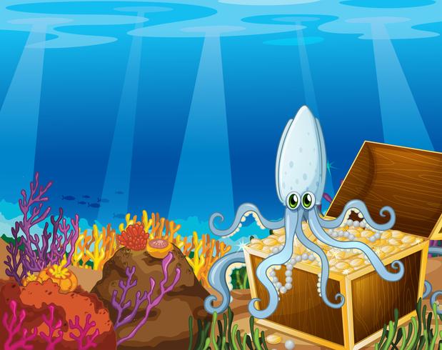 Een schatkist onder de zee met een octopus vector