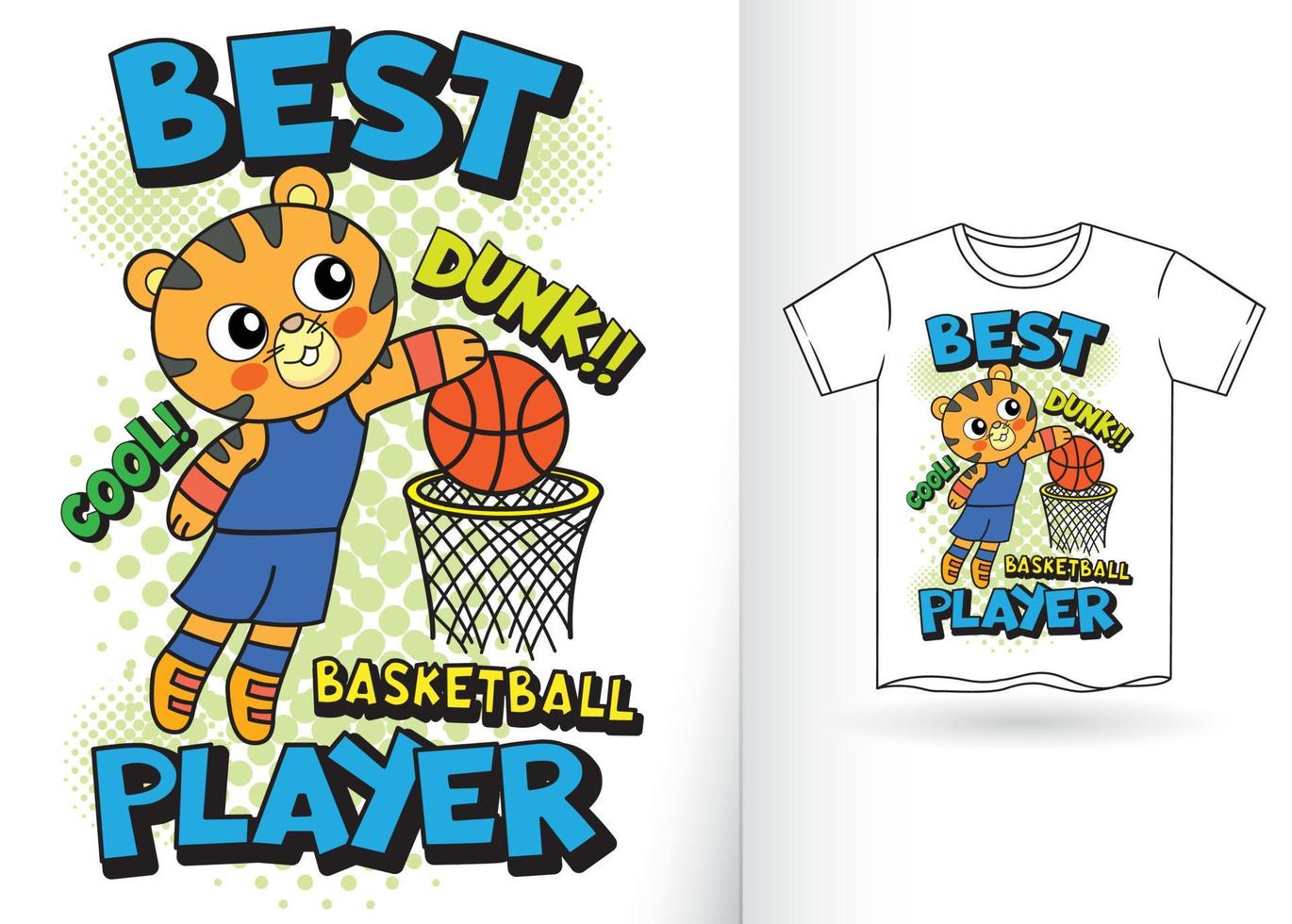 schattige tijger basketbalspeler cartoon voor t-shirt vector