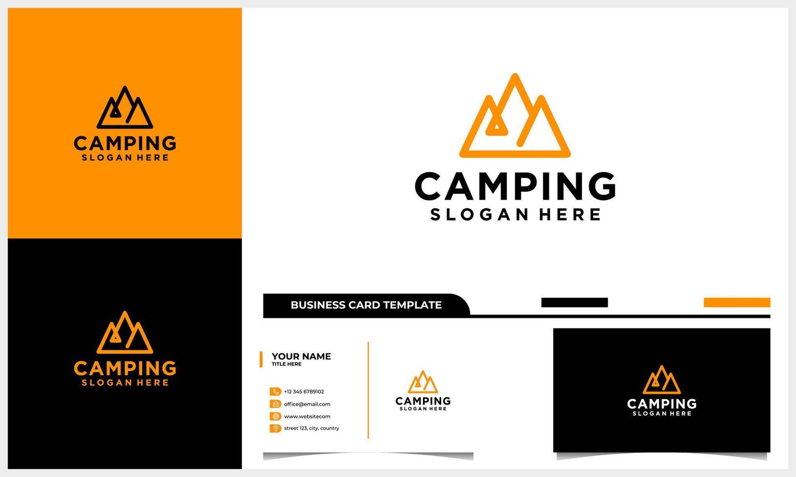 lijntekeningen camping met berglogo concept en visitekaartjesjabloon vector