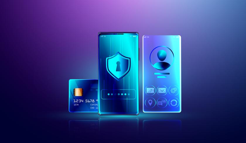 Data Protection-systeem en veilige persoonlijke informatie lock-concept, veiligheid online betaling met smartphone. vector