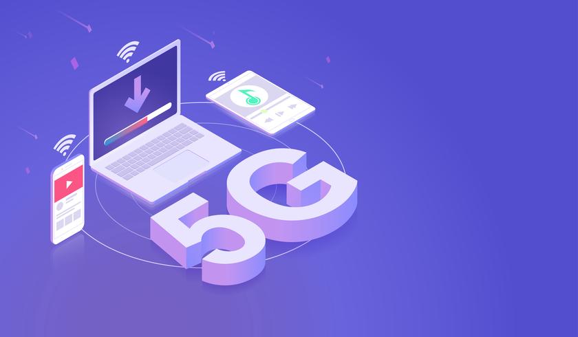 5G-netwerk internet verbonden door smartphone, tablet en computer laptop moderne isometrische concept Vector. vector