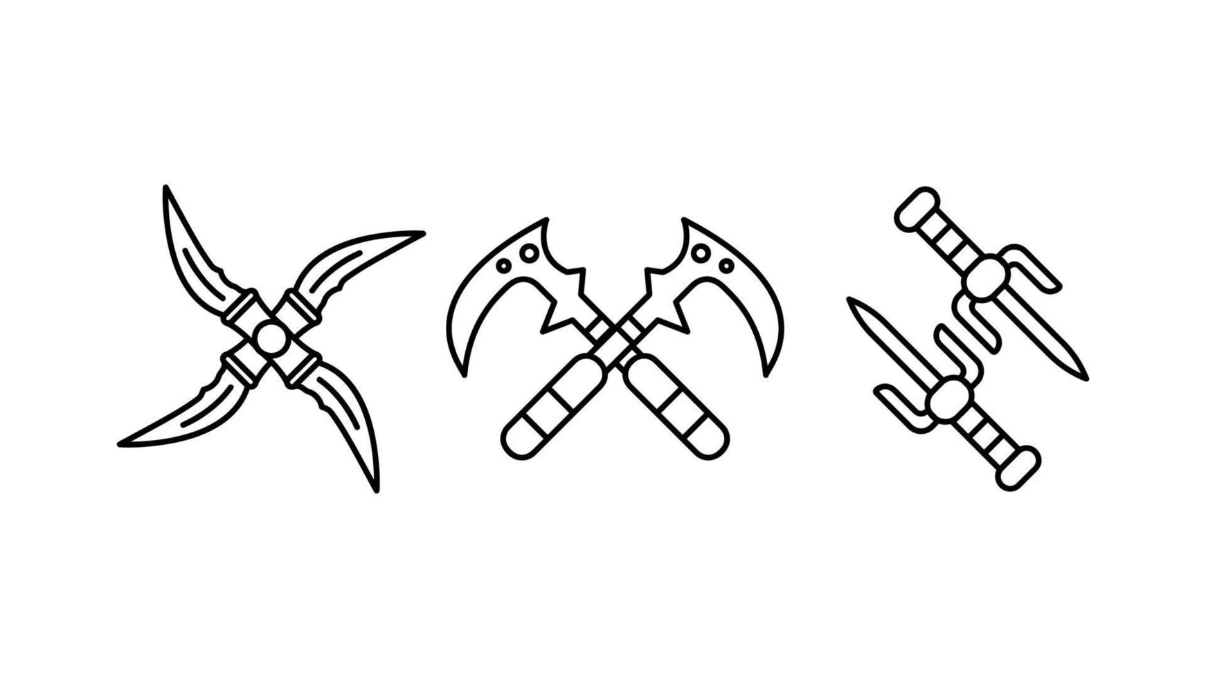 ninja dolk gereedschap en gekruiste mes icon set. gekruist mes vliegen door de lucht speciale collectie lineaire icon set. download creatieve oorlog ontmoeting gerelateerde vector. witte achtergrond. vector