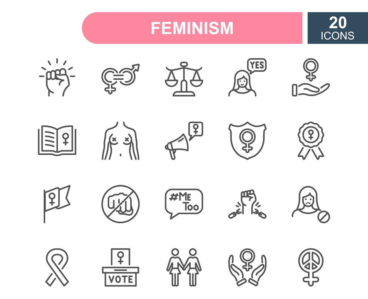 feminisme lijn iconen set. empowerment meisje, gendergelijkheid, rechten van vrouwen, girl power, seksediscriminatie, ik ook, protestlijnpictogrammen. feminisme schets concept. vectorillustratie. vector