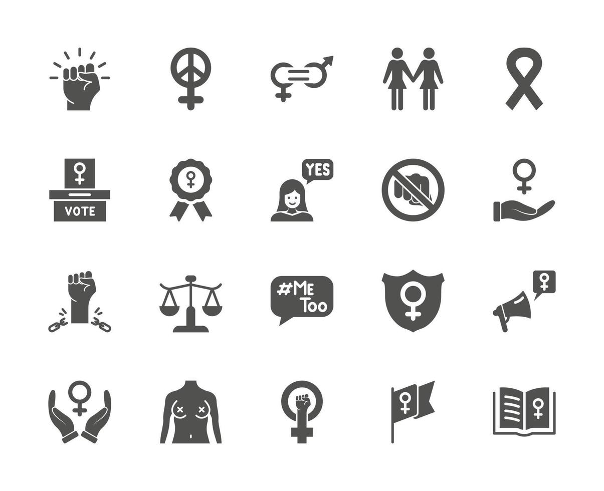 feminisme pictogrammen instellen. empowerment meisje, gendergelijkheid, rechten van vrouwen, girl power, discriminatie op grond van geslacht, ik ook, protest silhouet iconen. feminisme en girl power concept. vectorillustratie. vector