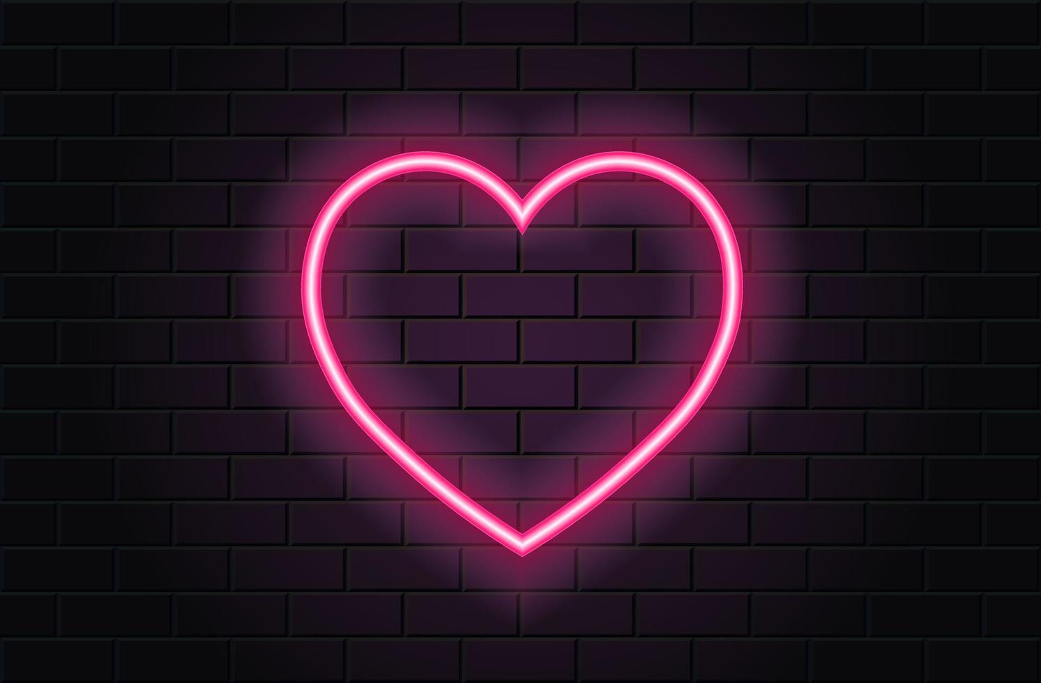 roze neonhart voor Valentijnsdag op zwarte bakstenen muurachtergrond vector