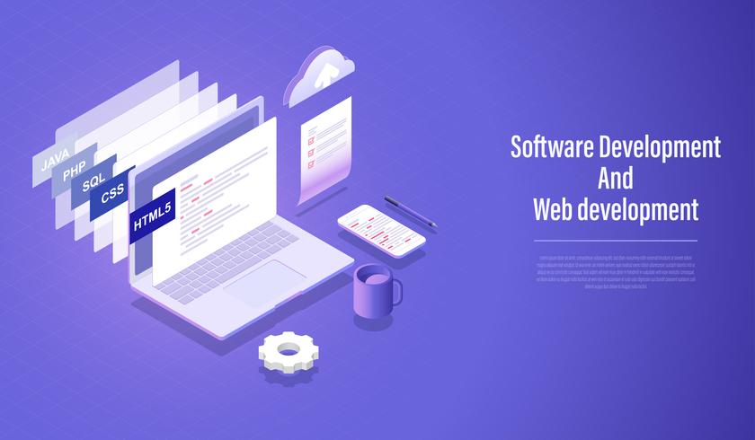 Softwareontwikkeling en webontwikkeling isometrische concept, programmeertaal codering Vector. vector