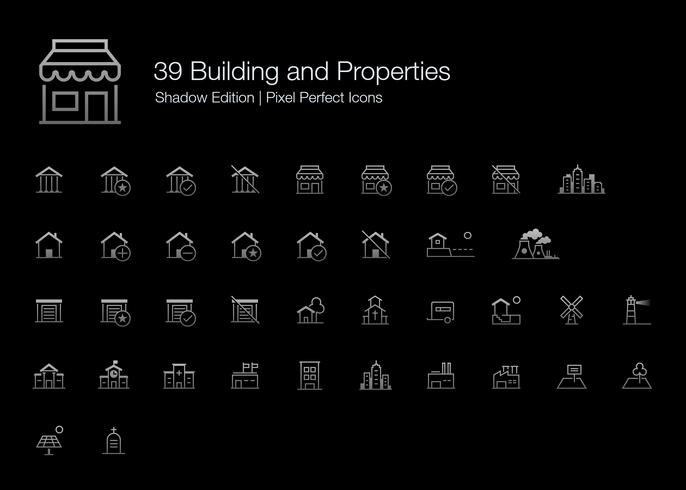 Gebouw en eigenschappen Pixel Perfect Icons (lijnstijl) Shadow Edition. vector