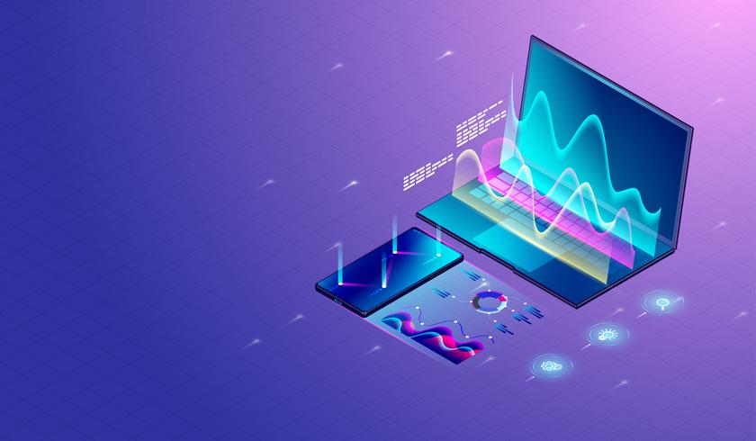 Zakelijk marktonderzoek op laptop- en smartphoneschermgrafieken en -diagrammen, verwerkingsgrafiek, financiële analyse van statistieken. vector