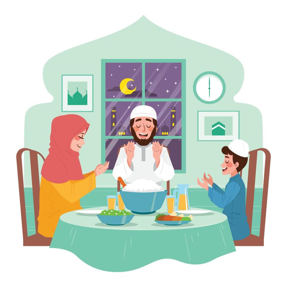 moslimfamilie die bidt voordat ze een iftar-dinerconcept hebben vector