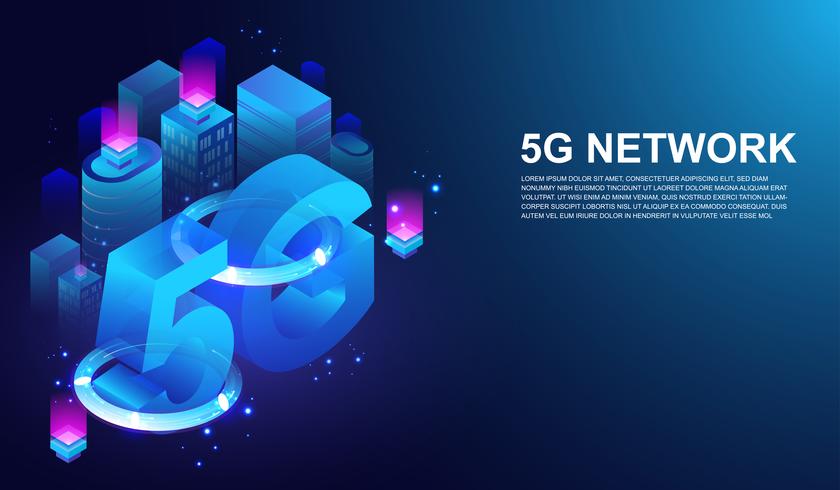 5G netwerk draadloos systeem, 5e internet telecommunicatie op slimme stad concept Vector. vector