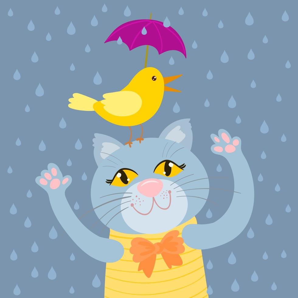 een kat en een vogel met een paraplu in de regen vector