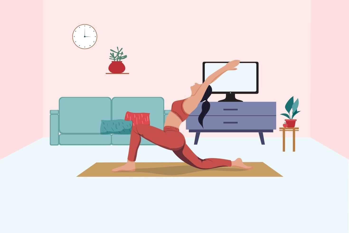 meisje doet yoga online thuis op tv. vector