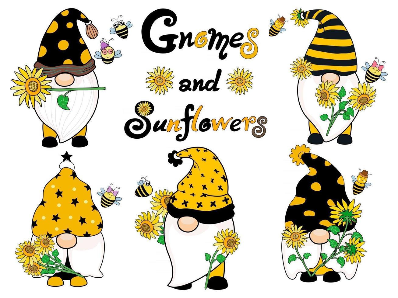 kabouters en zonnebloemen zijn ontworpen in zwarte en gele tinten vector