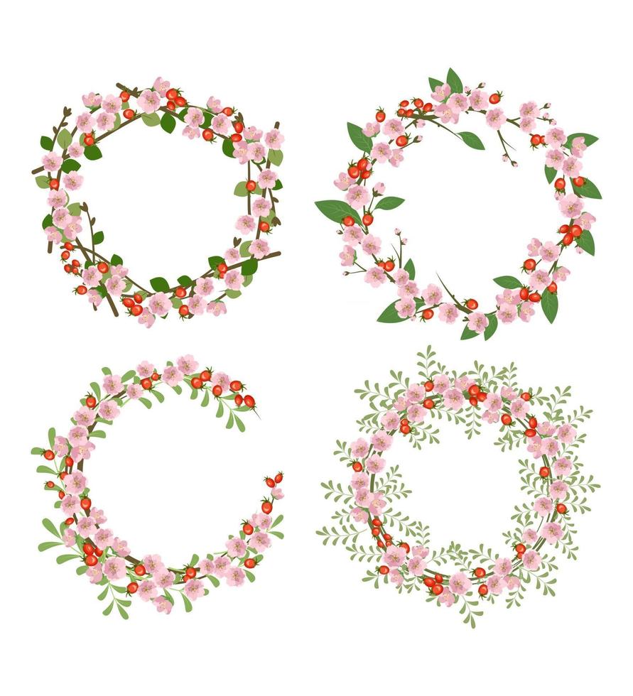 set rozenbottel krans. rond frame, schattige roze bloemen en rood fruit. feestelijke decoraties voor bruiloft, vakantie, ansichtkaart, poster en design. platte vectorillustratie vector