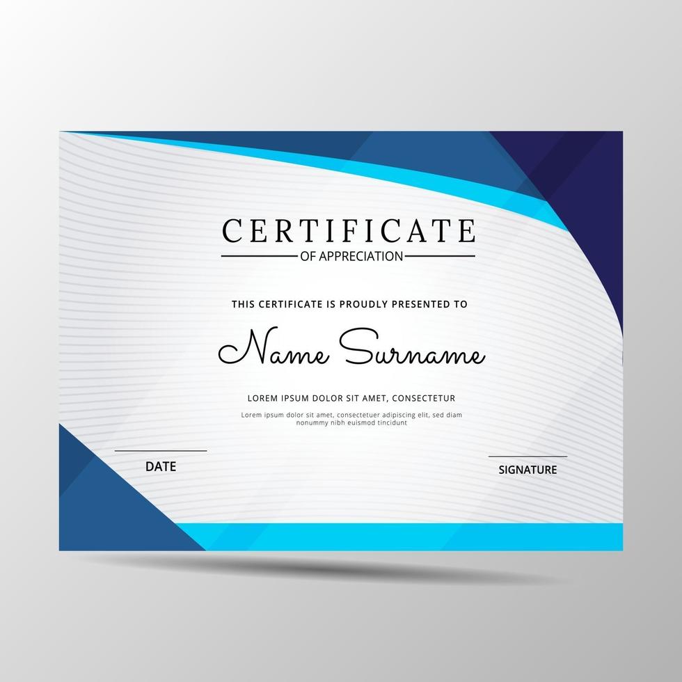 certificaat van waardering sjabloon, blauwe kleur. schoon modern certificaat met gouden badge. certificaatrandsjabloon met luxe en modern lijnpatroon. diploma vector sjabloon