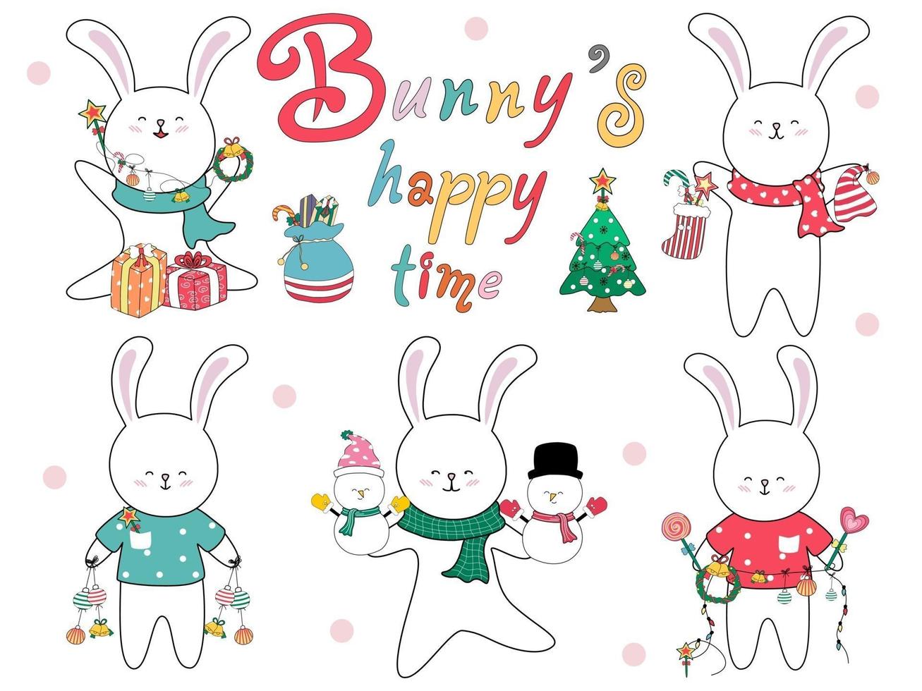 bunny's happy time ontworpen in doodle-stijl in levendige kleuren vector