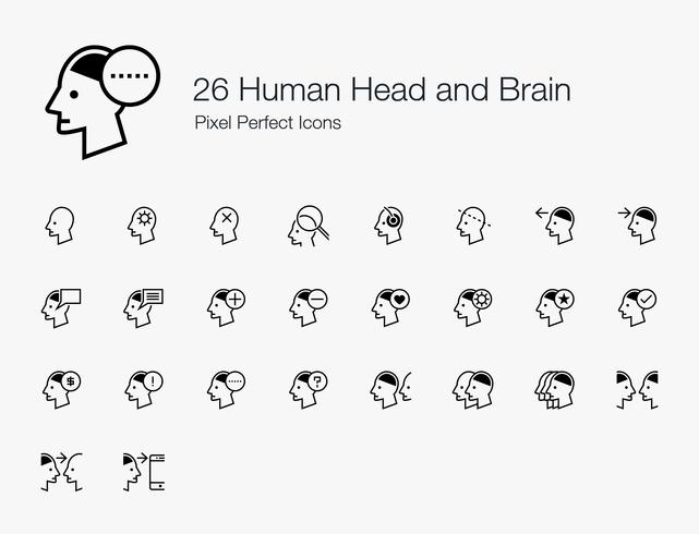 26 perfecte pictogrammen voor menselijke hoofd- en hersenpixels (lijnstijl). vector