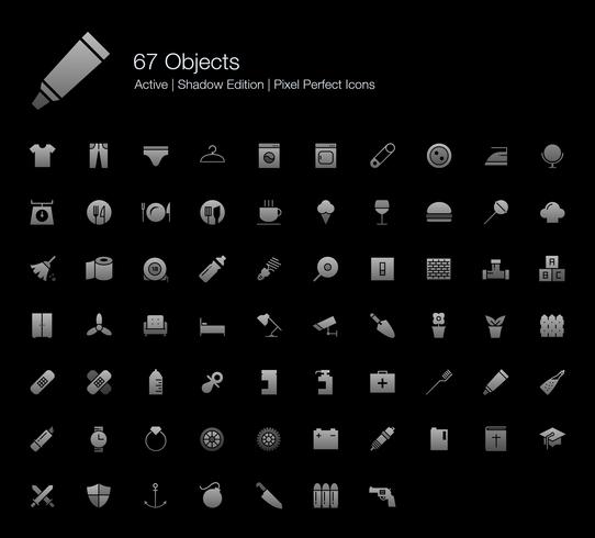 67 Pixels Perfecte pictogrammen voor objecten (Filed Style Shadow Edition). vector