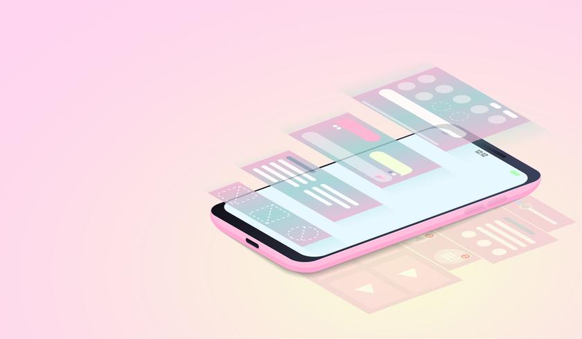 Ontwikkeling van mobiele applicaties, UI-ontwerp en webontwerp op isometrische smartphone. vector