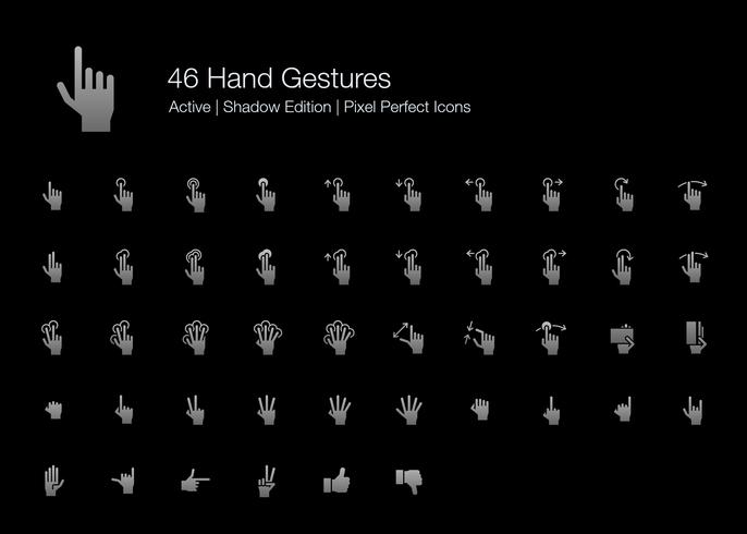 46 Handgebaren en vingeracties Pixel Perfecte pictogrammen (Filled Style Shadow Edition). vector