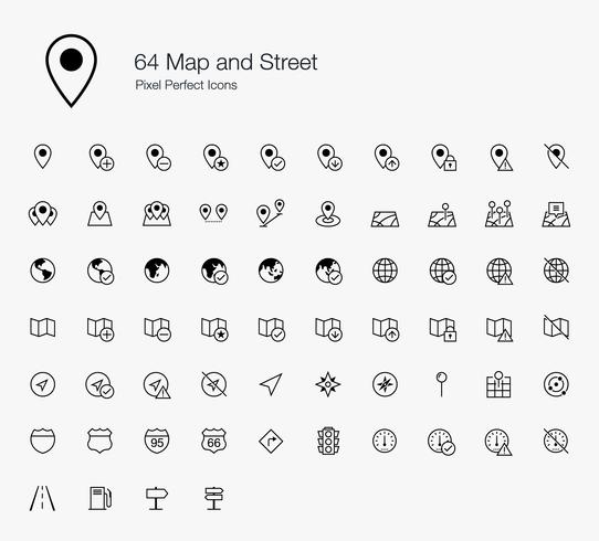 64 Kaart en straat Pixel Perfecte pictogrammen Lijnstijl. vector