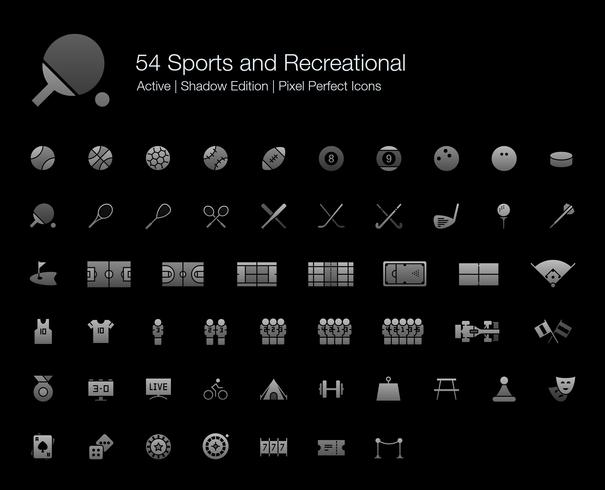 54 Sport- en recreatieve Pixel Perfect-pictogrammen (Filled Style Shadow Edition). vector